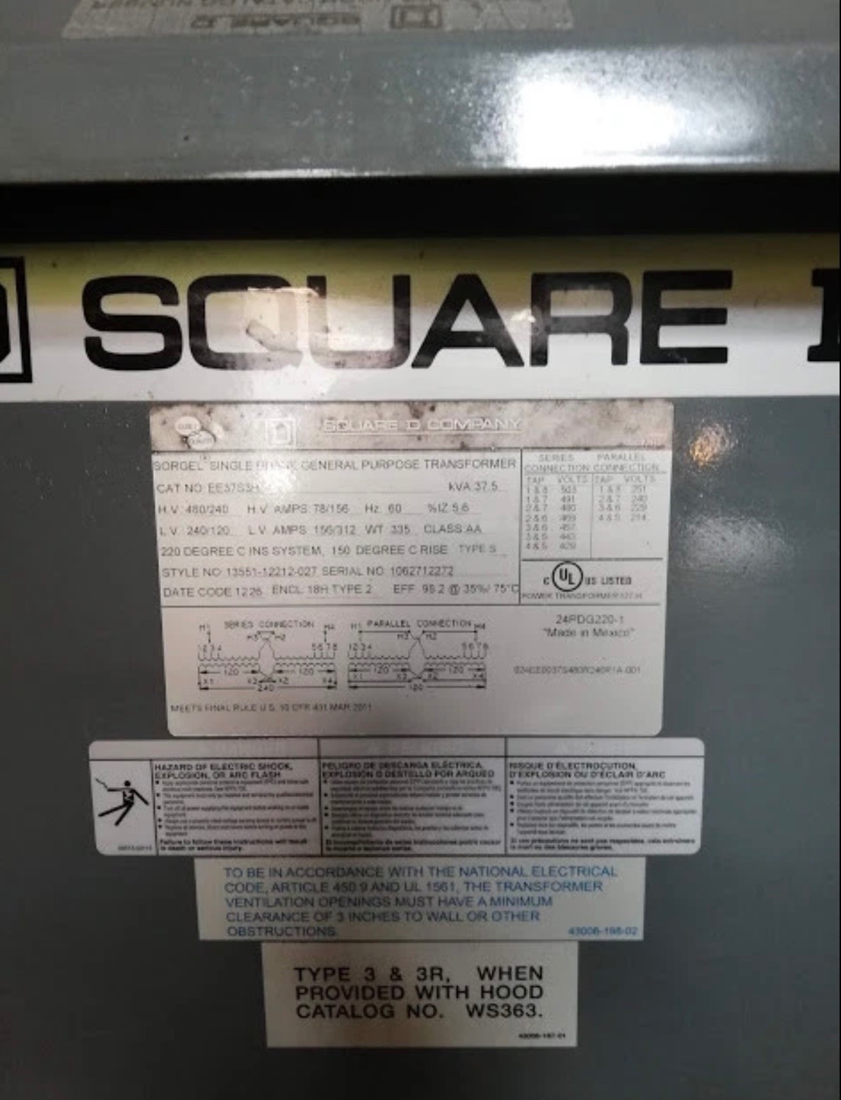 Transformer - One Square D Single Phase General Purpose , LV 240/120 10