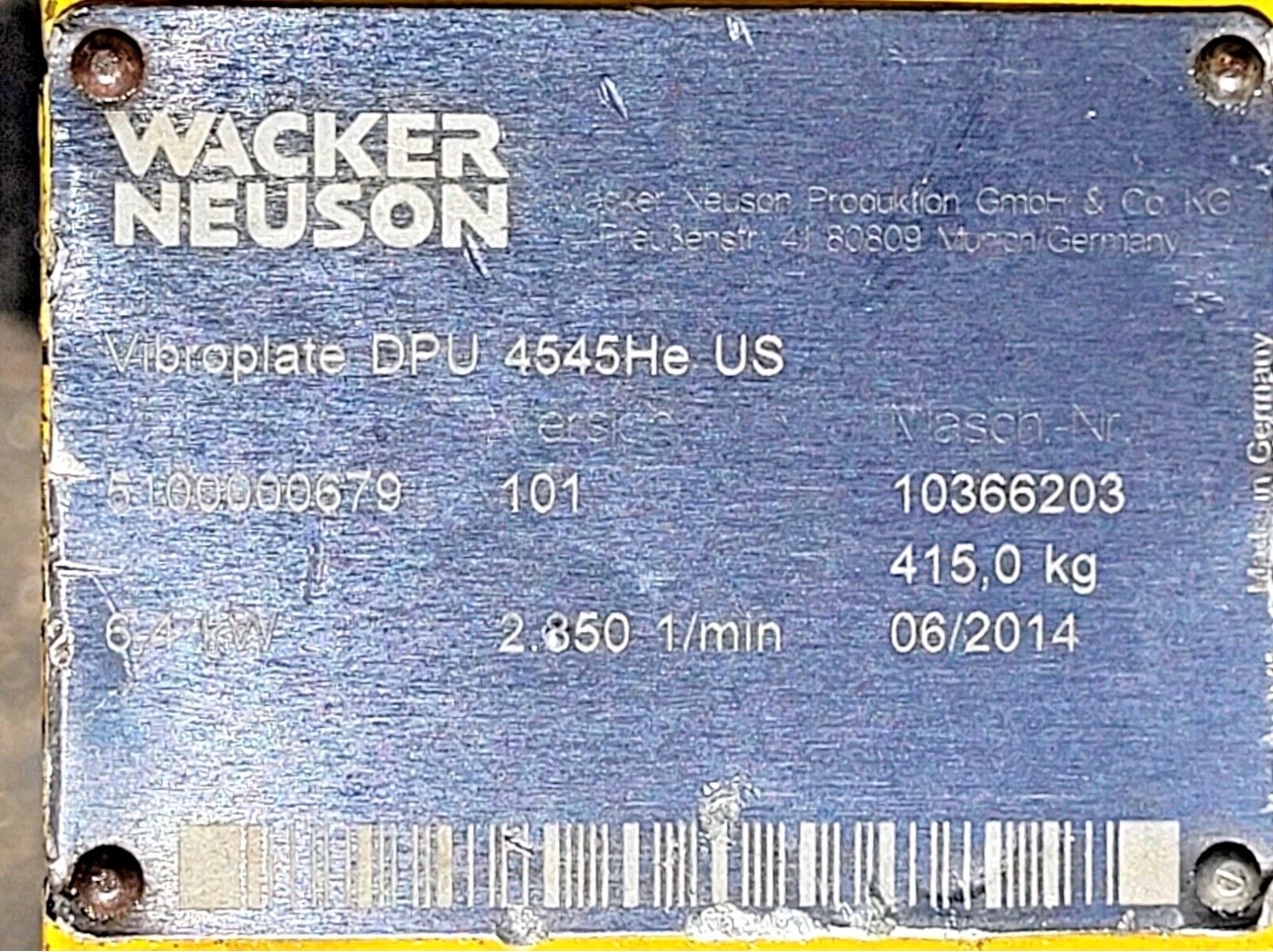2015 Wacker Neuson vibroplate Model:DPU 4545 He diesel 7