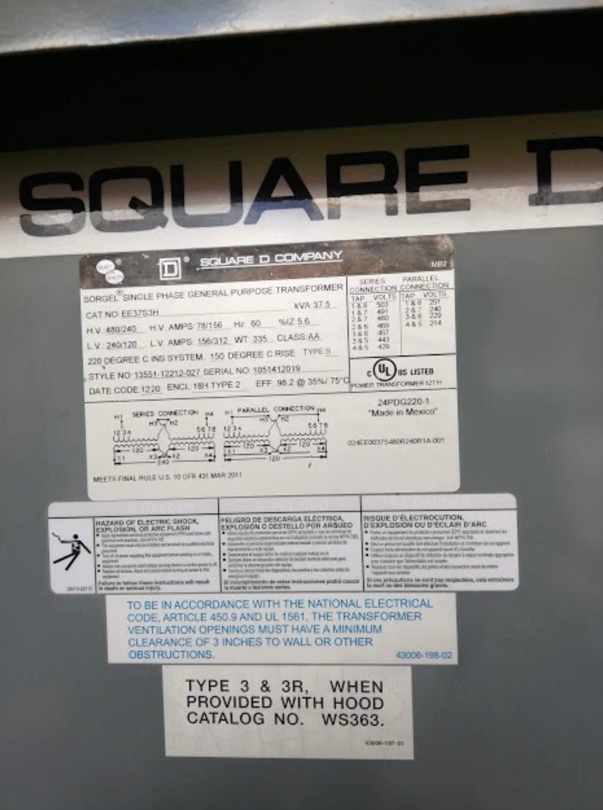 Transformer - One Square D Single Phase General Purpose , LV 240/120 6